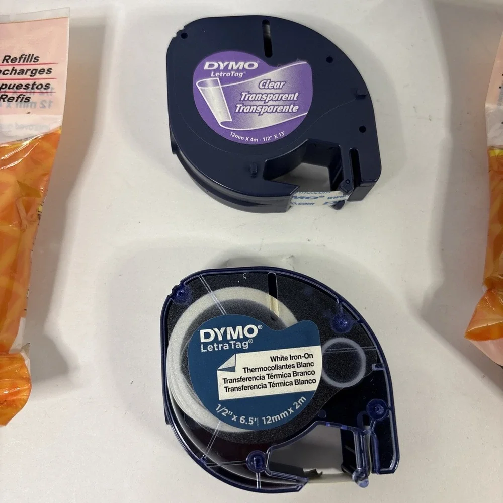 Dymo LetraTag Label Refills 6 Pack Clear Plastic 16952 & White Iron-On 12mm LT
